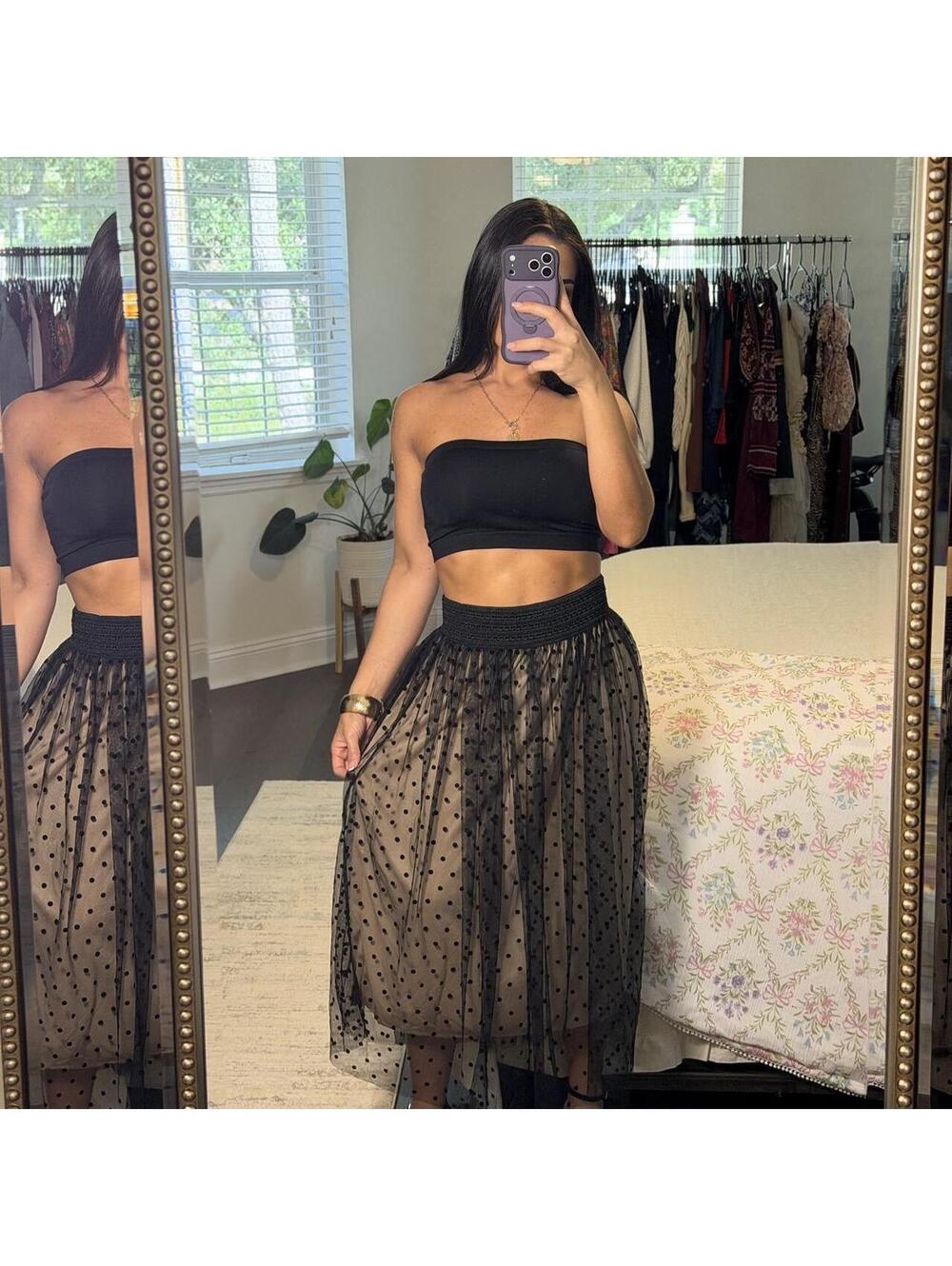 Black Polka Dot Mesh Tulle Midi Skirt Cottagecore Ballet Coquette Size M